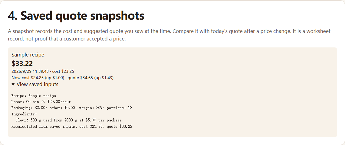 Bake Quote snapshot comparing the original 33 dollar 22 cent quote with the recalculated 34 dollar 65 cent quote