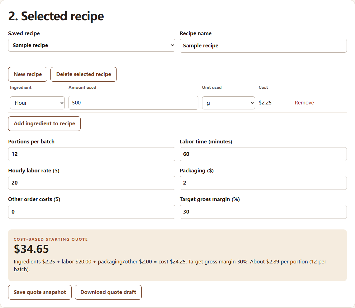 Bake Quote sample recipe showing 500 grams of flour, labor, packaging, and a 34 dollar 65 cent starting quote