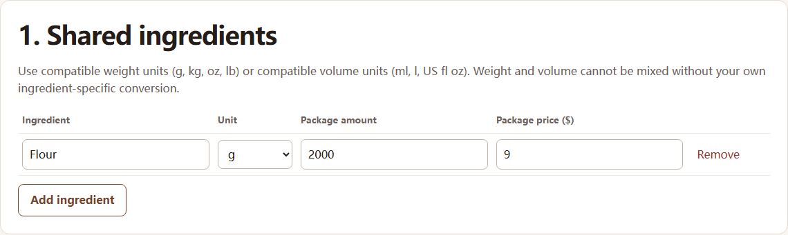 Bake Quote shared ingredient table showing a 2,000 gram flour package priced at 9 dollars